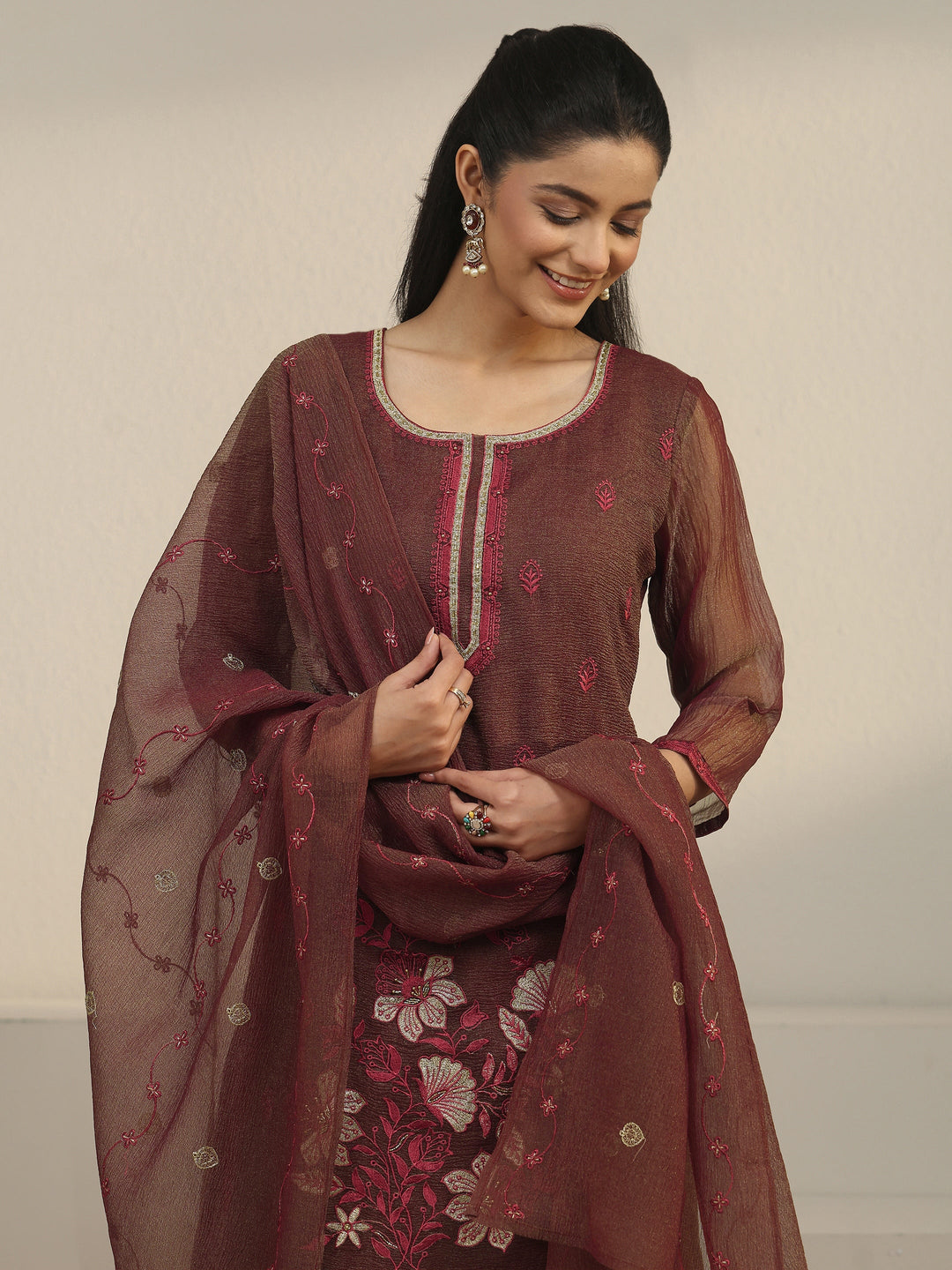  Libas Chocolate Brown Floral Embroidered Tissue Straight Suit Set 