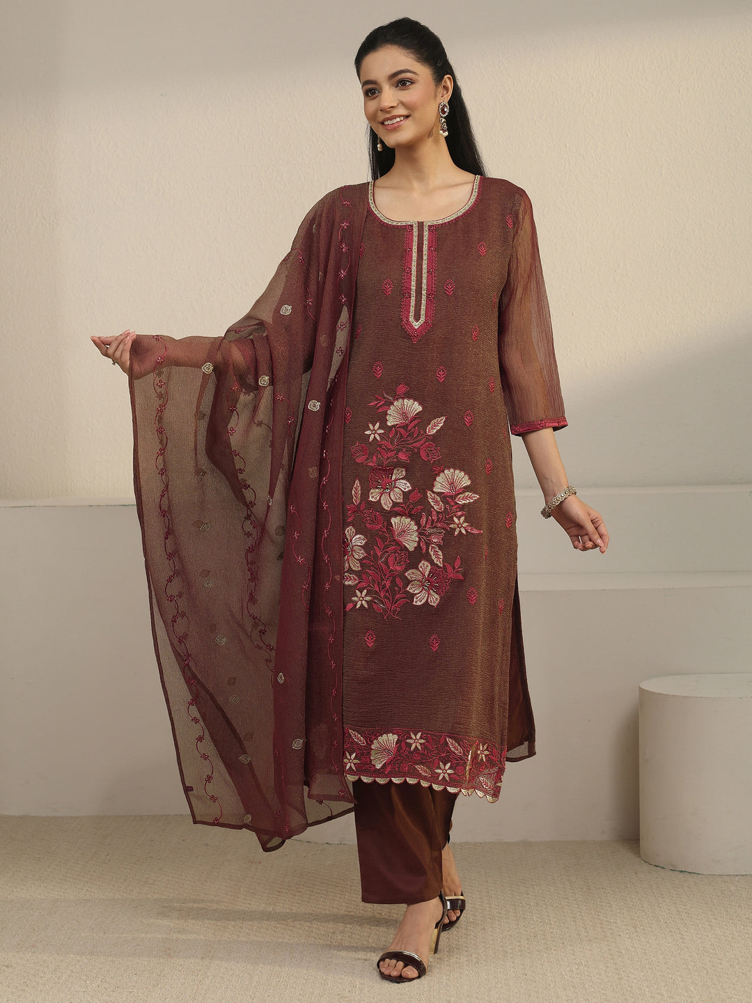  Libas Chocolate Brown Floral Embroidered Tissue Straight Suit Set 
