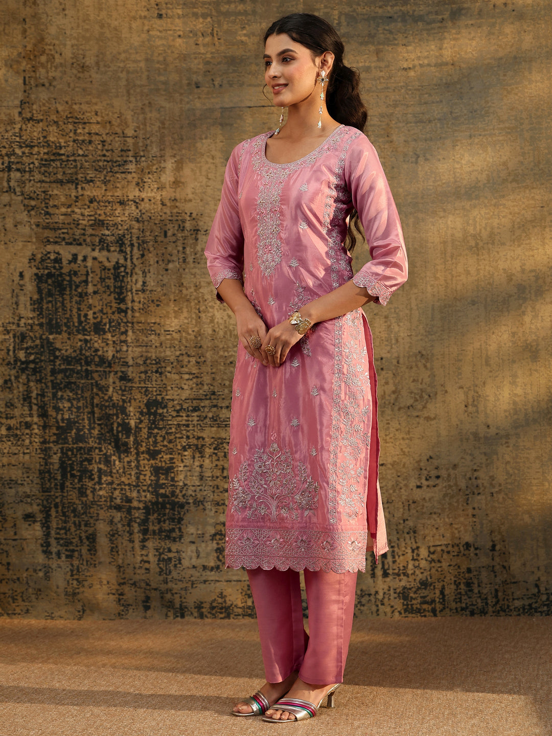  Libas Dusty Rose Floral Embroidered Organza Straight Suit Set 
