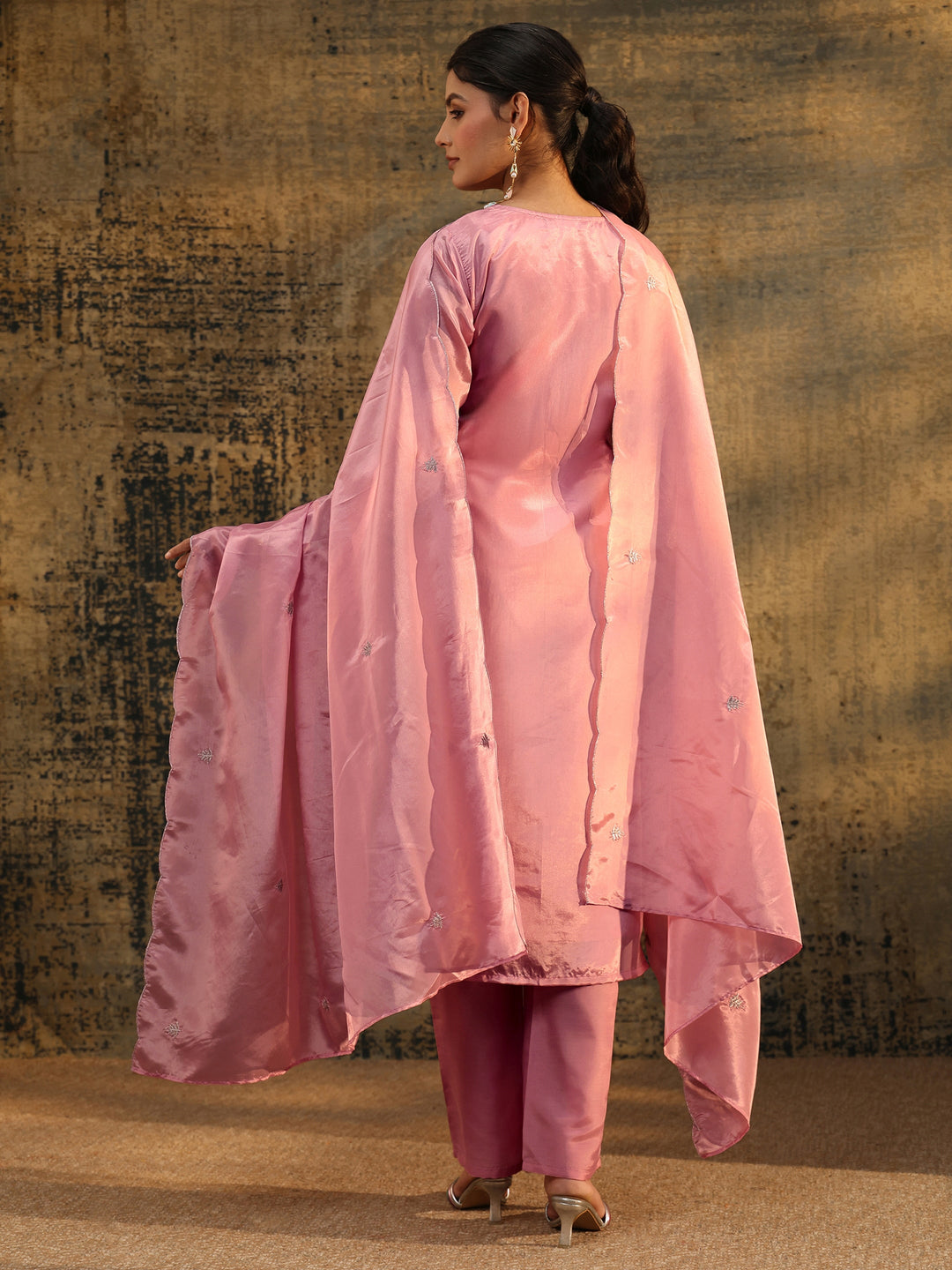  Libas Dusty Rose Floral Embroidered Organza Straight Suit Set 
