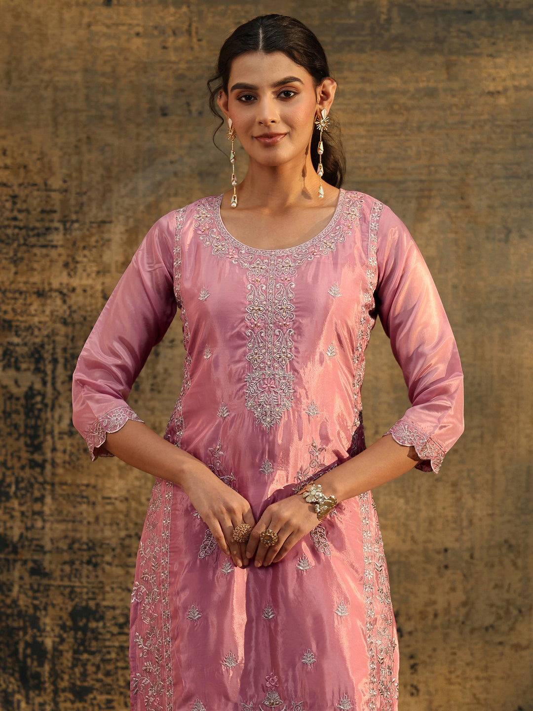  Libas Dusty Rose Floral Embroidered Organza Straight Suit Set 
