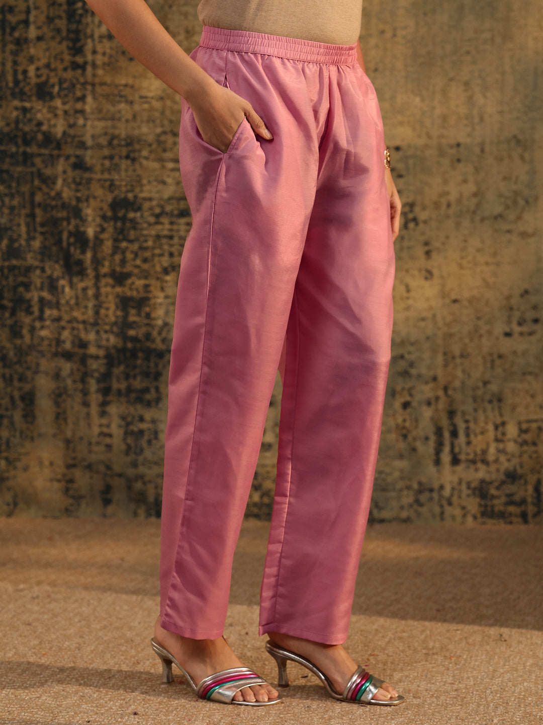  Libas Dusty Rose Floral Embroidered Organza Straight Suit Set 