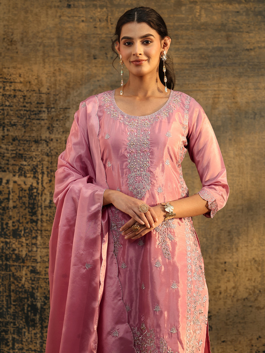  Libas Dusty Rose Floral Embroidered Organza Straight Suit Set 