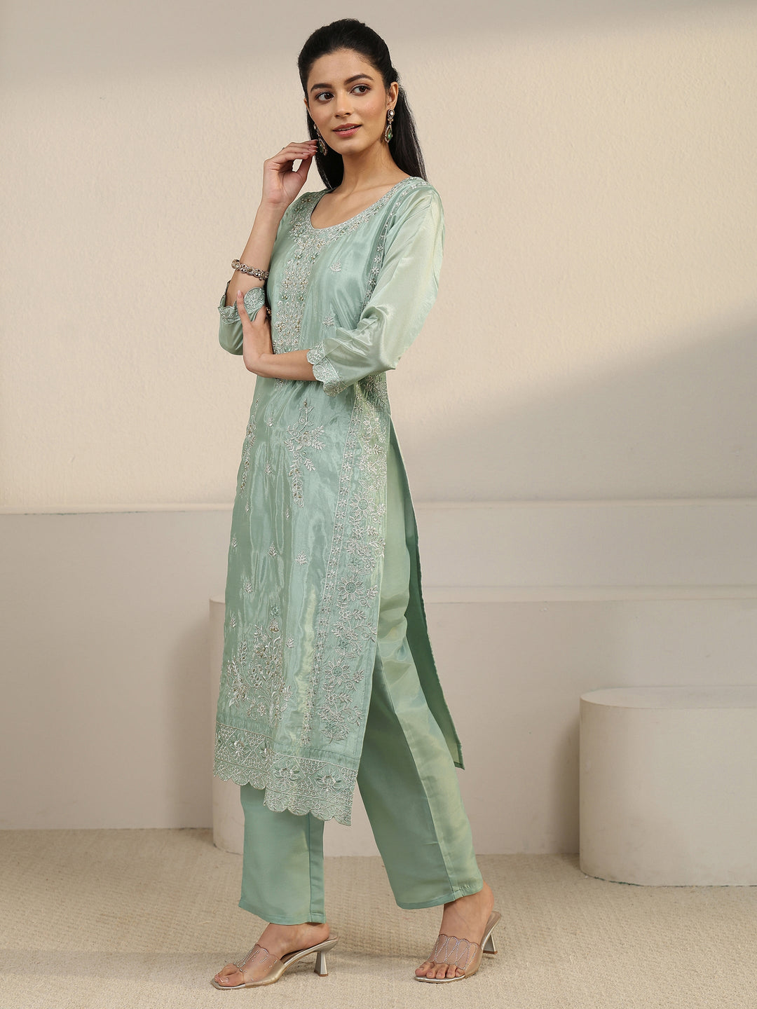  Libas Green Floral Embroidered Organza Straight Suit Set 