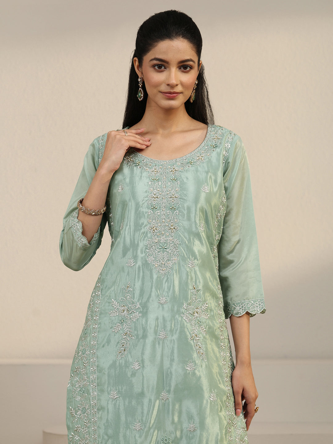  Libas Green Floral Embroidered Organza Straight Suit Set 