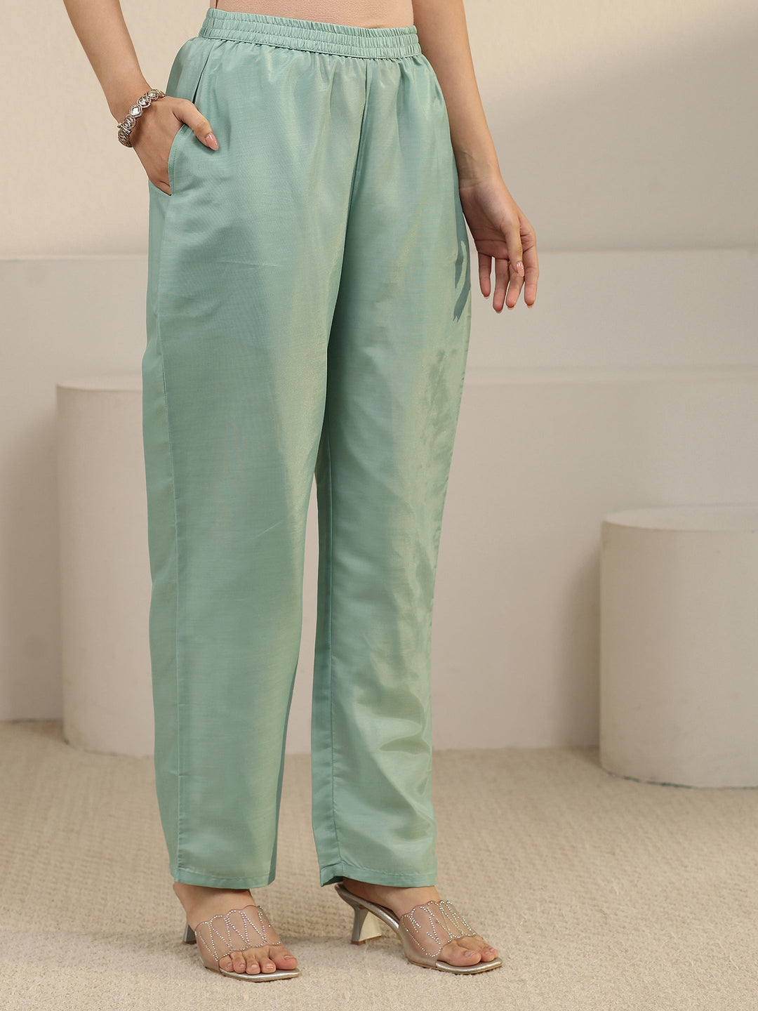  Libas Green Floral Embroidered Organza Straight Suit Set 