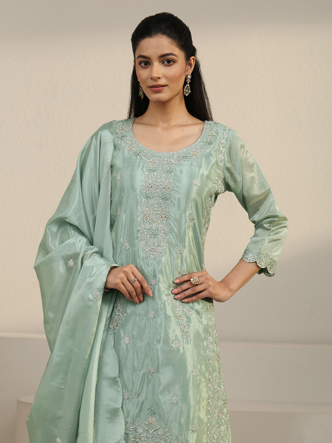  Libas Green Floral Embroidered Organza Straight Suit Set 
