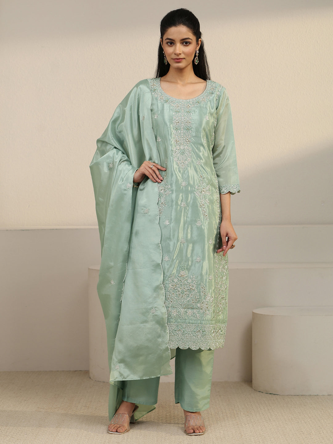  Libas Green Floral Embroidered Organza Straight Suit Set 