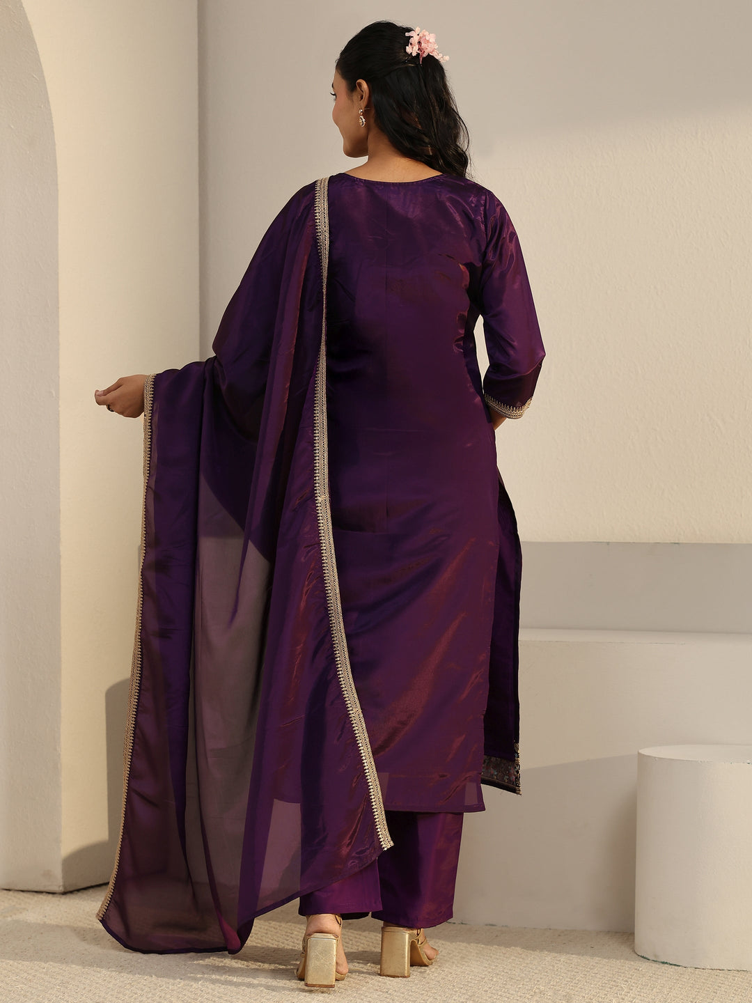  Libas Aubergine Purple Floral Embroidered Organza Straight Suit Set 