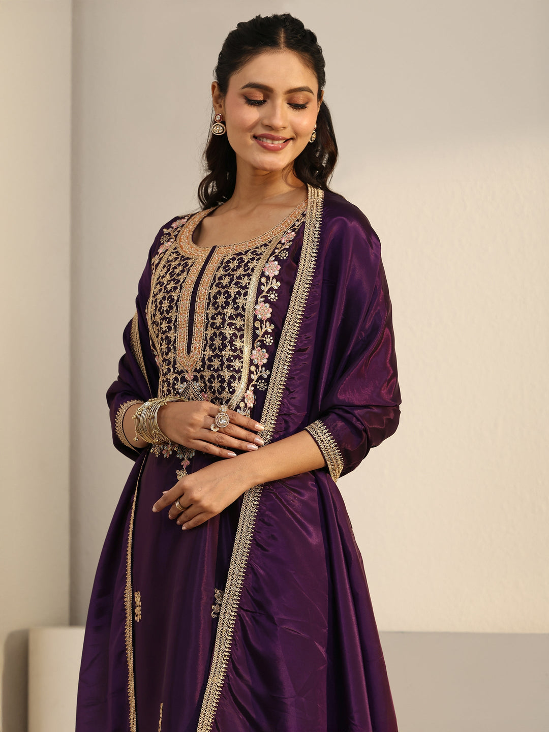  Libas Aubergine Purple Floral Embroidered Organza Straight Suit Set 