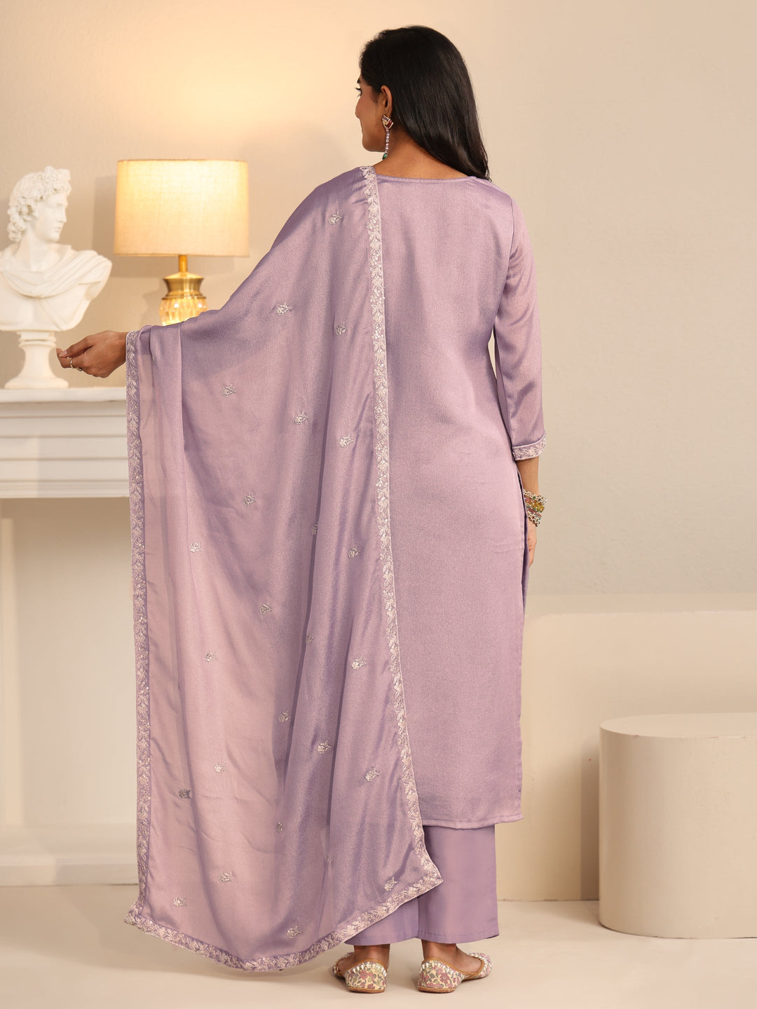  Libas Lavender Floral Embroidered Silk Blend Straight Suit Set 