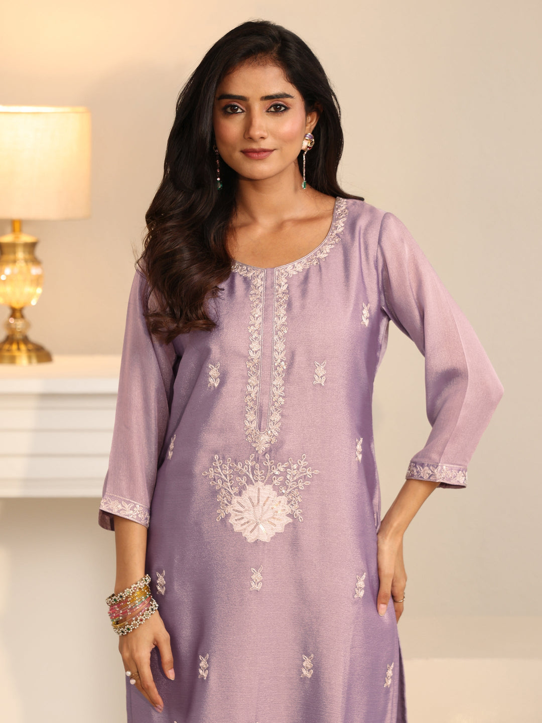  Libas Lavender Floral Embroidered Silk Blend Straight Suit Set 