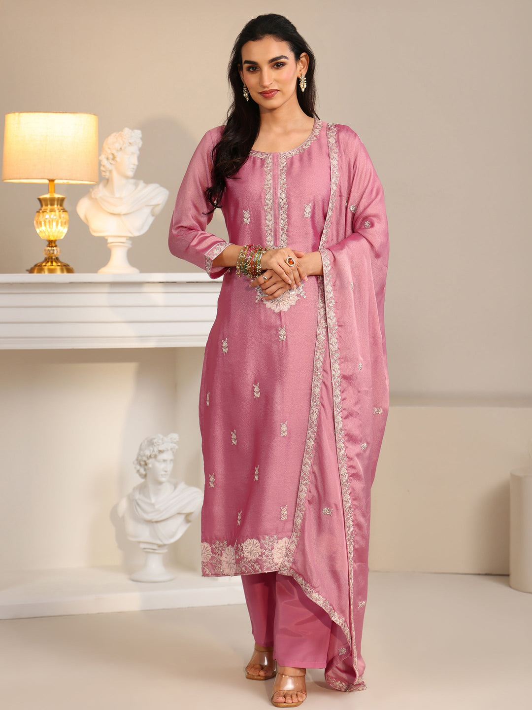  Libas Dusty Rose Pink Floral Embroidered Silk Blend Straight Suit Set 