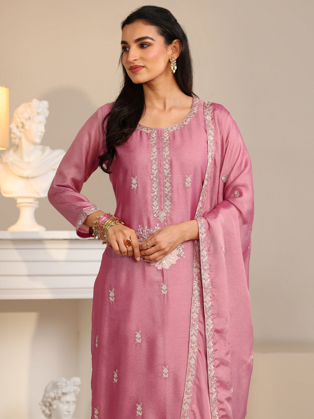  Libas Dusty Rose Pink Floral Embroidered Silk Blend Straight Suit Set 