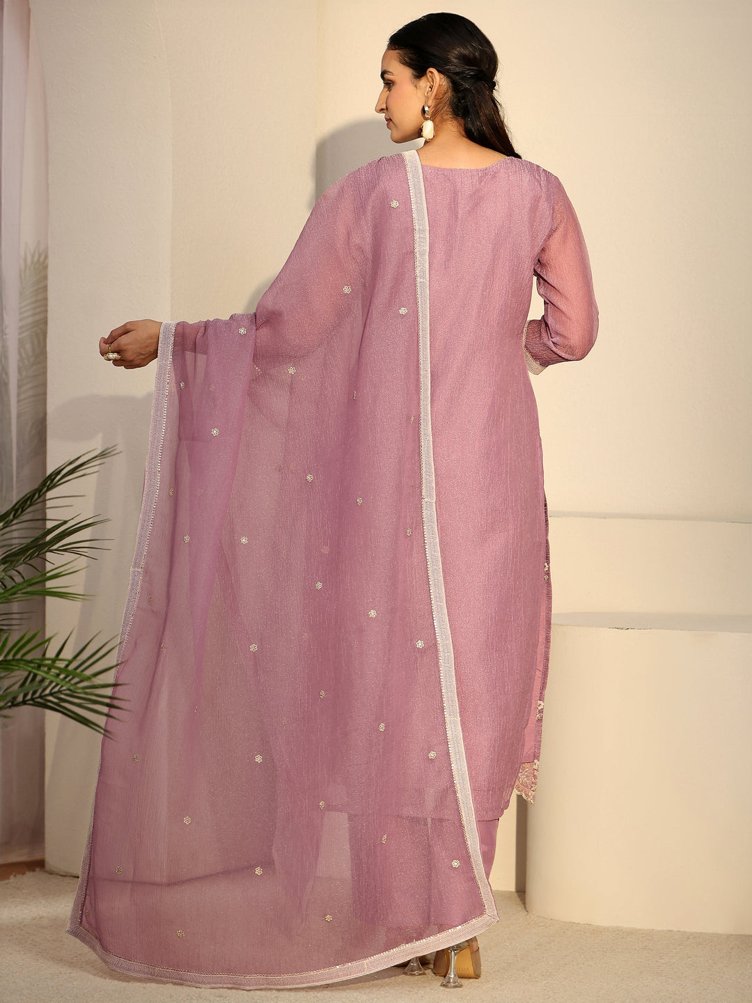  Libas Lavender Floral Embroidered Chiffon Straight Suit Set 