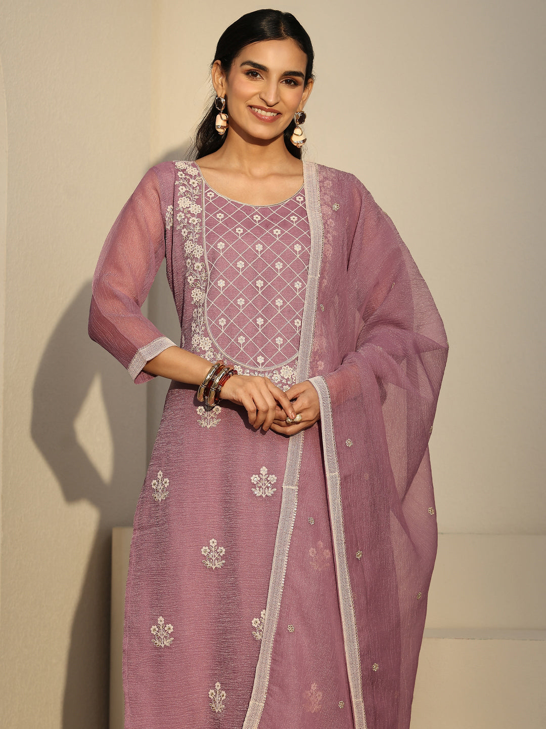  Libas Lavender Floral Embroidered Chiffon Straight Suit Set 