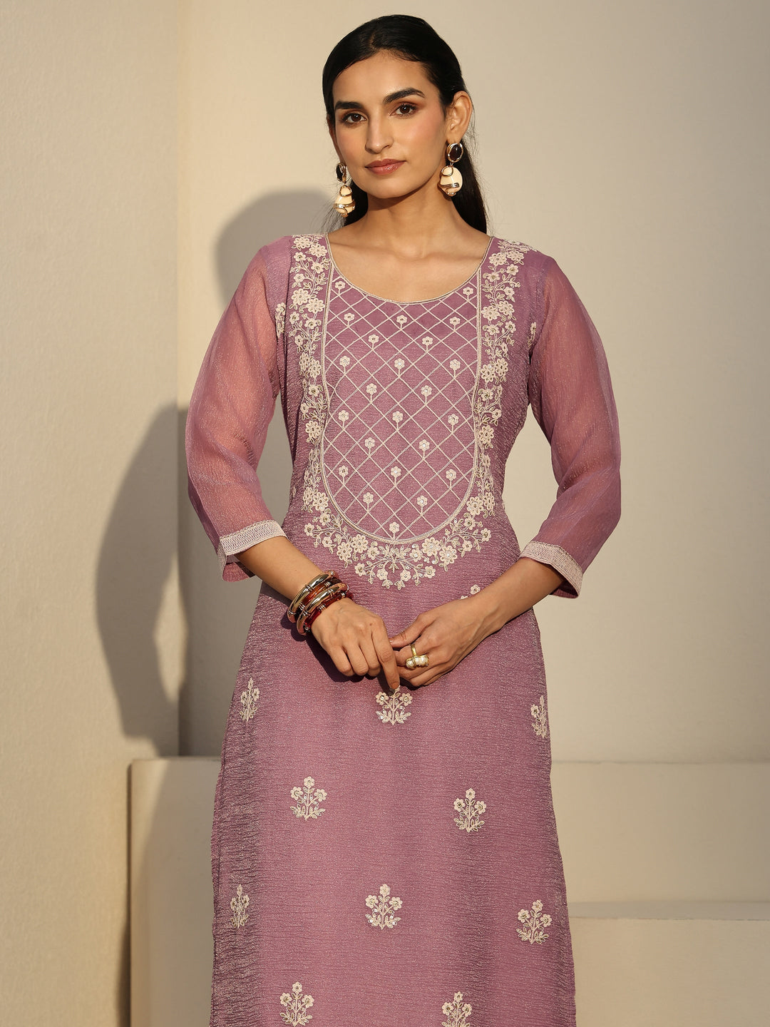  Libas Lavender Floral Embroidered Chiffon Straight Suit Set 