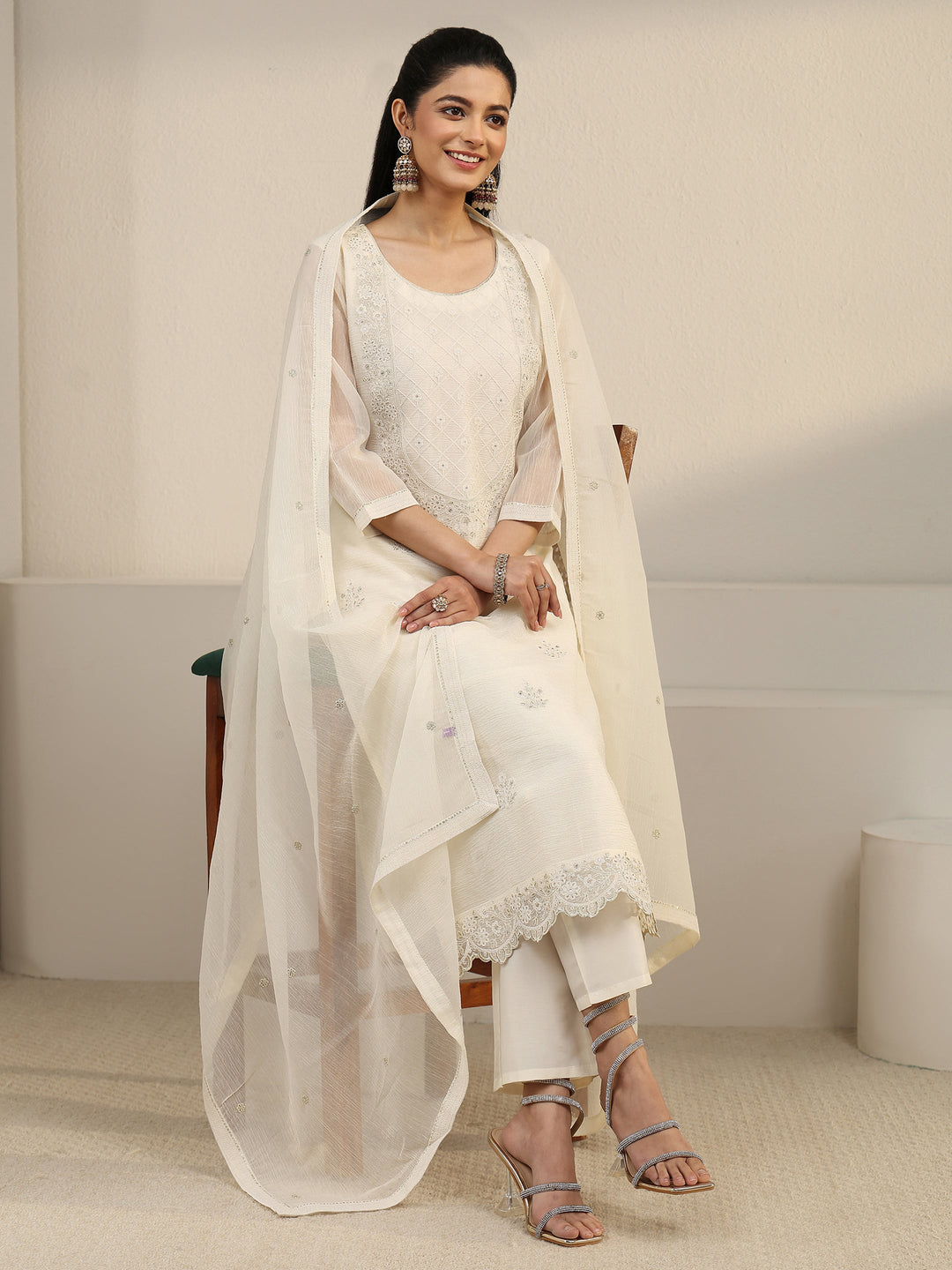 Libas White Floral Chiffon Embroidered Suit Set