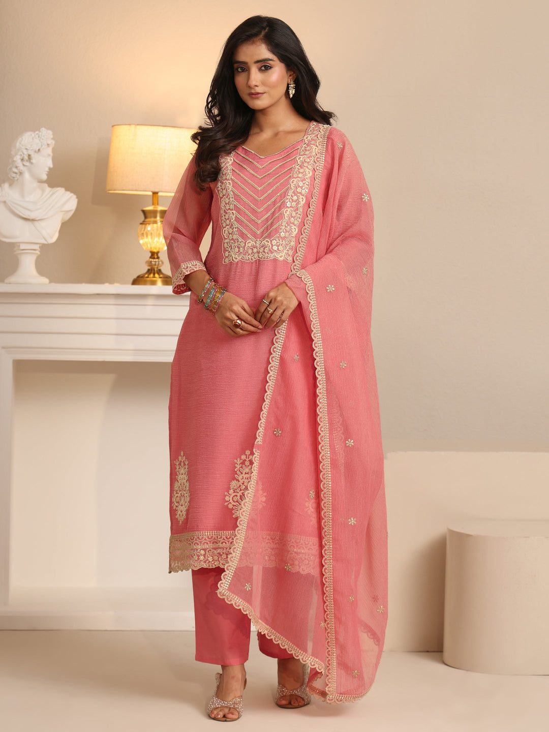 Libas Peach Orange Floral Embroidered Chiffon Straight Suit Set 