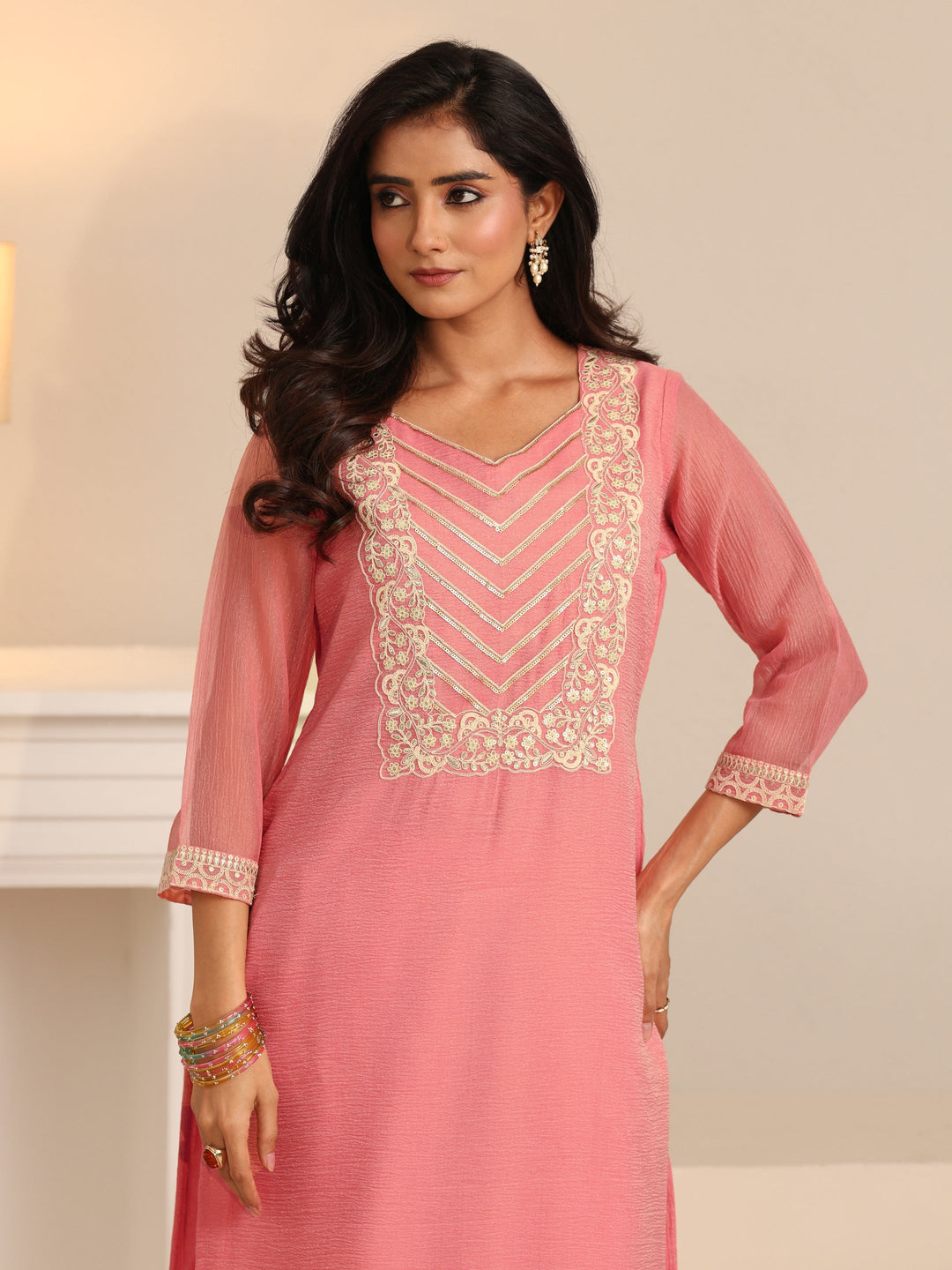  Libas Peach Orange Floral Embroidered Chiffon Straight Suit Set 