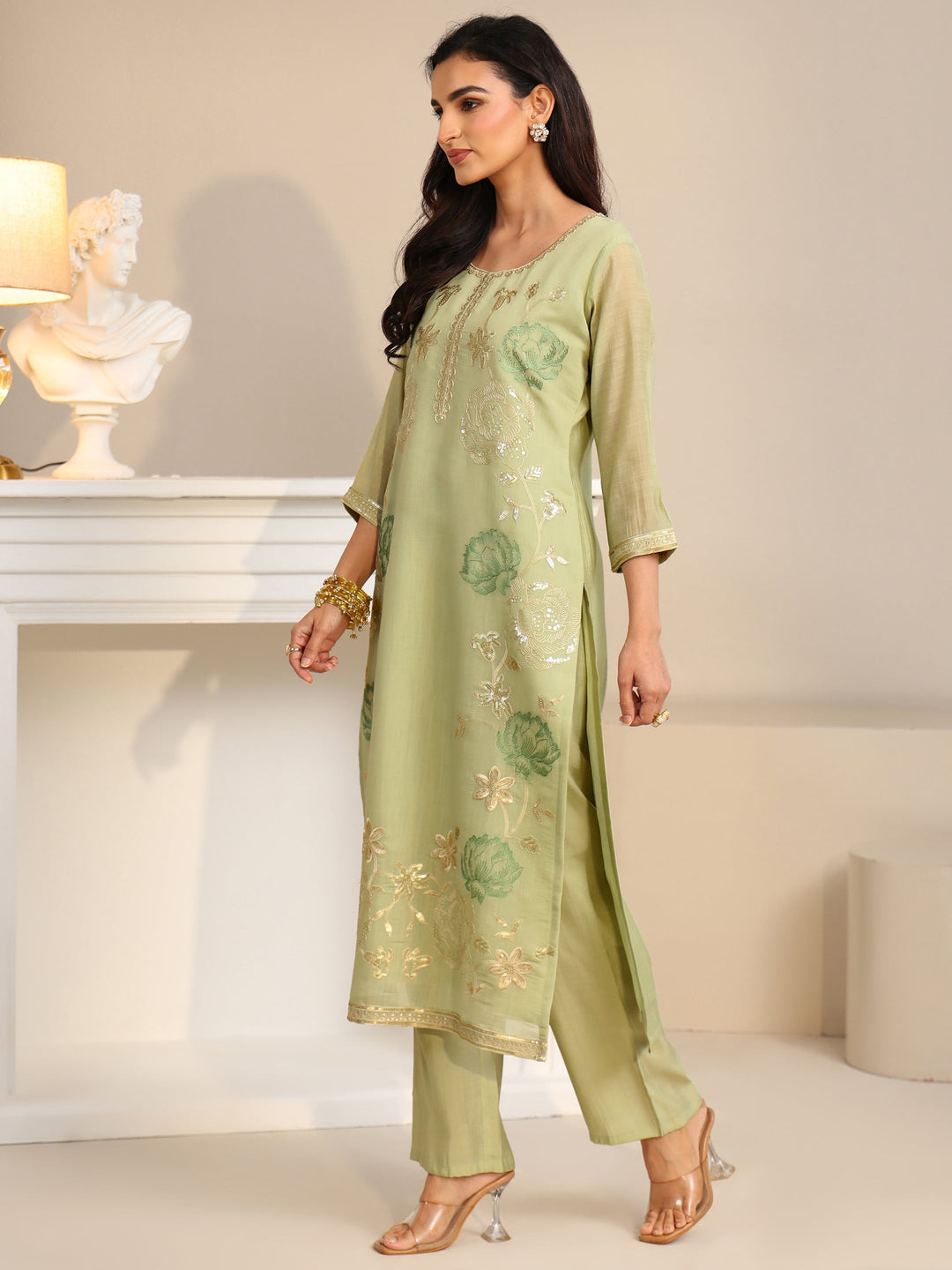  Libas Pista Green Floral Embroidered Silk Blend Straight Suit Set 