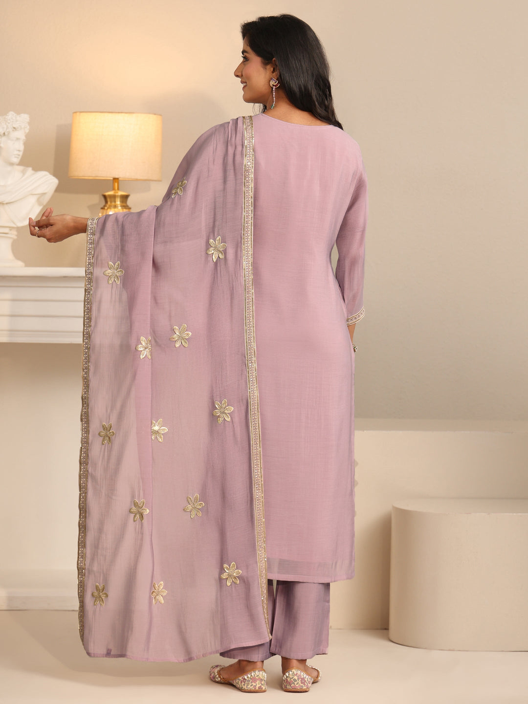  Libas Dusty Lilac Floral Embroidered Silk Blend Straight Suit Set 