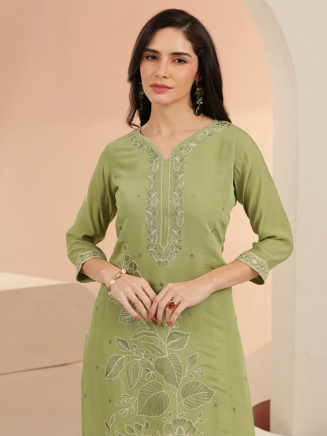  Libas Pista Green Floral Embroidered Silk Blend Straight Suit Set 