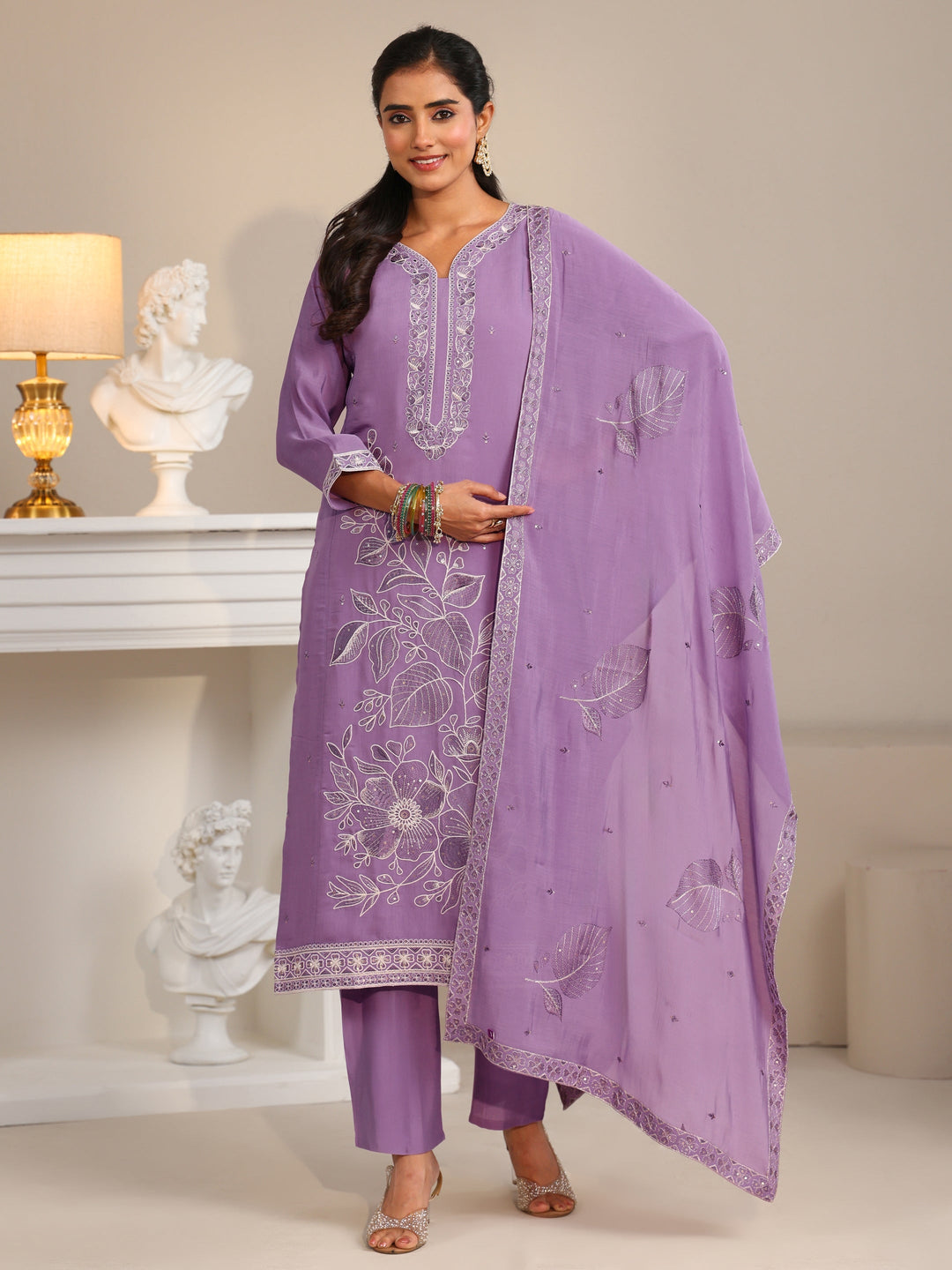  Libas Lavender Floral Embroidered Silk Bkend Straight Suit Set 