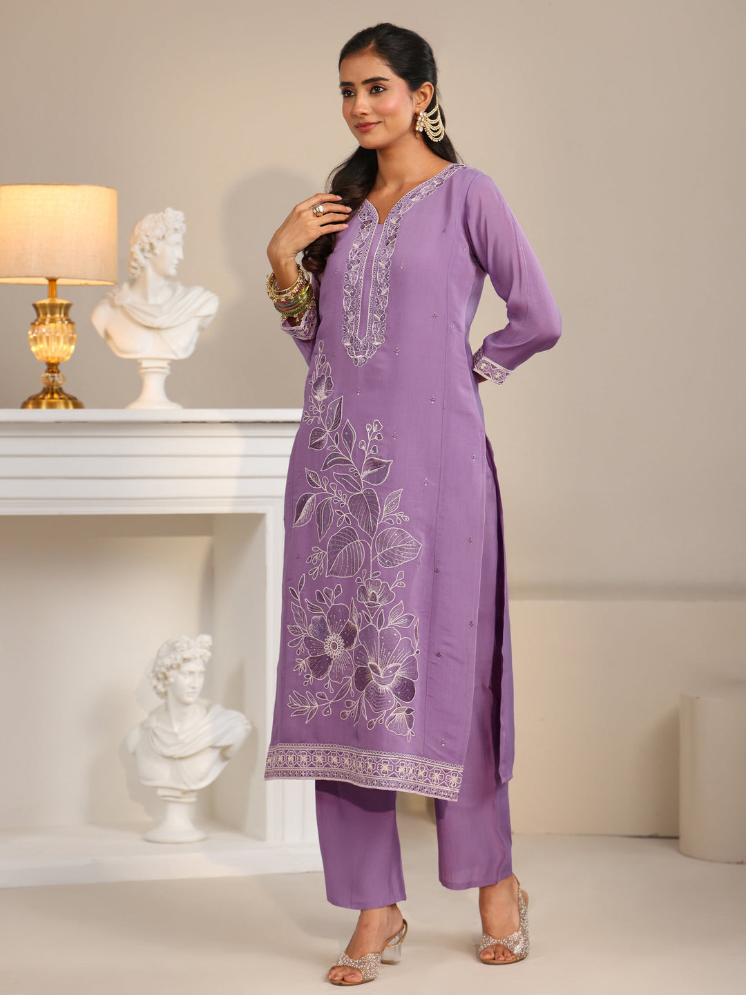  Libas Lavender Floral Embroidered Silk Bkend Straight Suit Set 