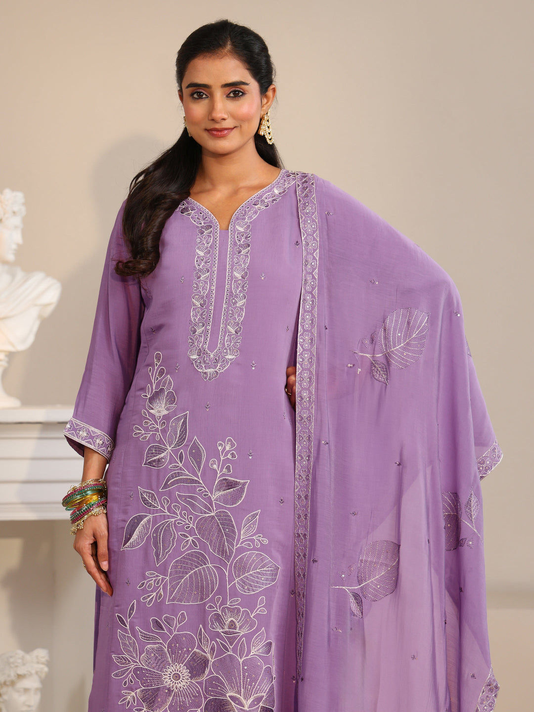  Libas Lavender Floral Embroidered Silk Bkend Straight Suit Set 