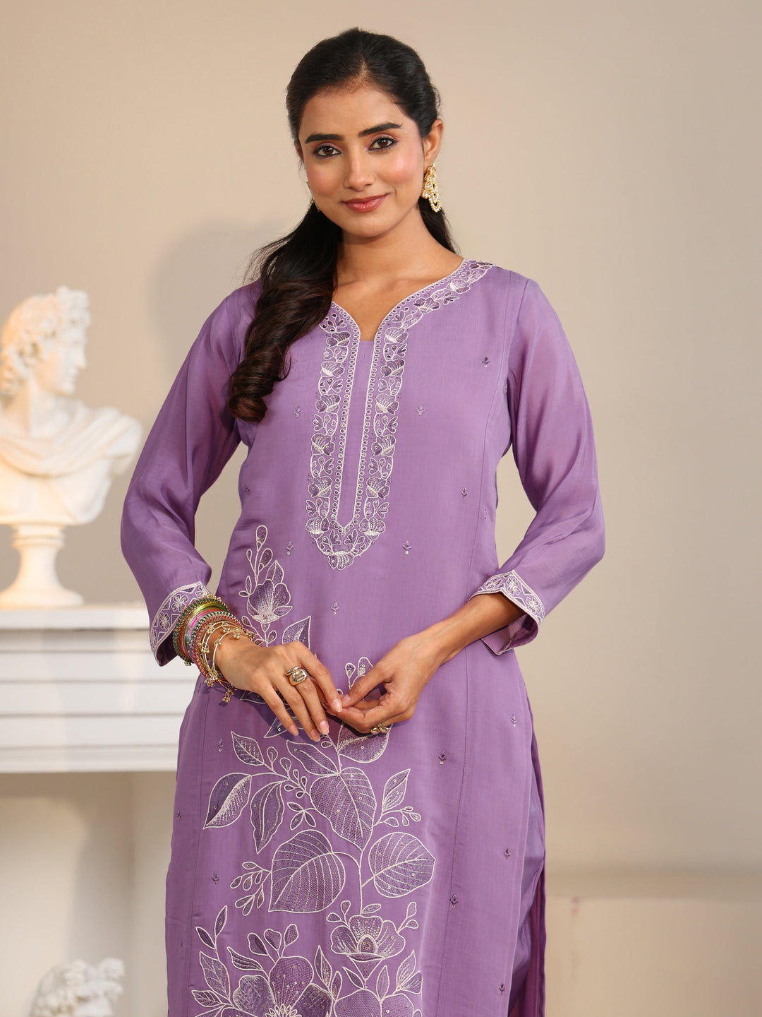  Libas Lavender Floral Embroidered Silk Bkend Straight Suit Set 