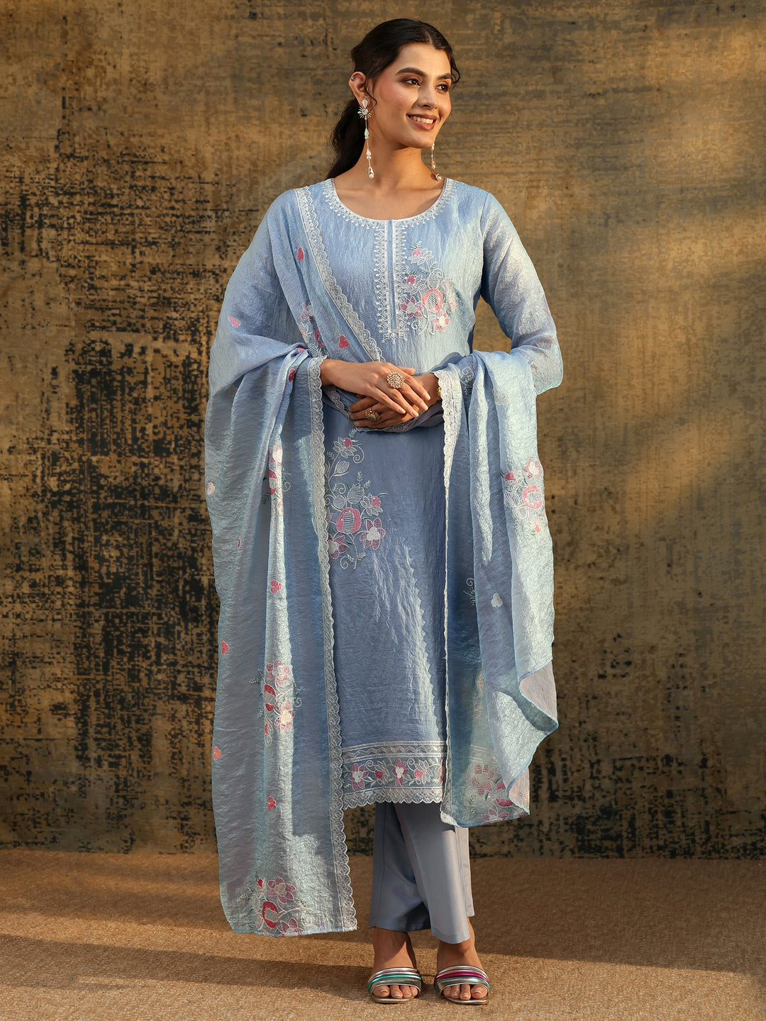  Libas Ice Blue Floral Embroidered Organza Straight Suit Set 