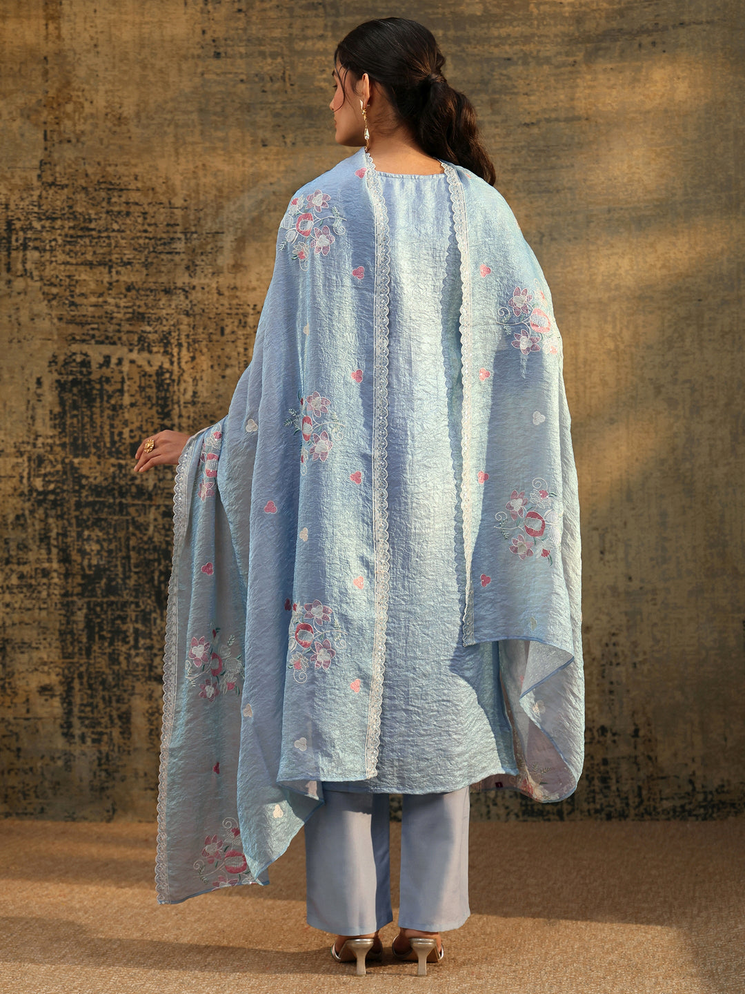  Libas Ice Blue Floral Embroidered Organza Straight Suit Set 