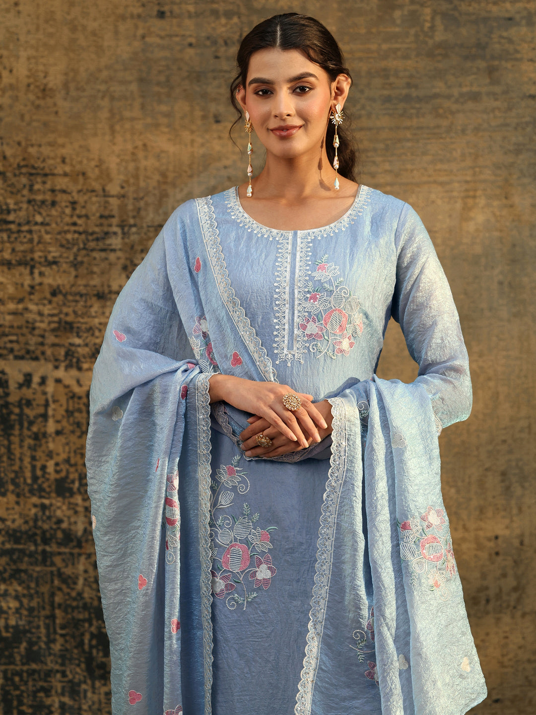  Libas Ice Blue Floral Embroidered Organza Straight Suit Set 
