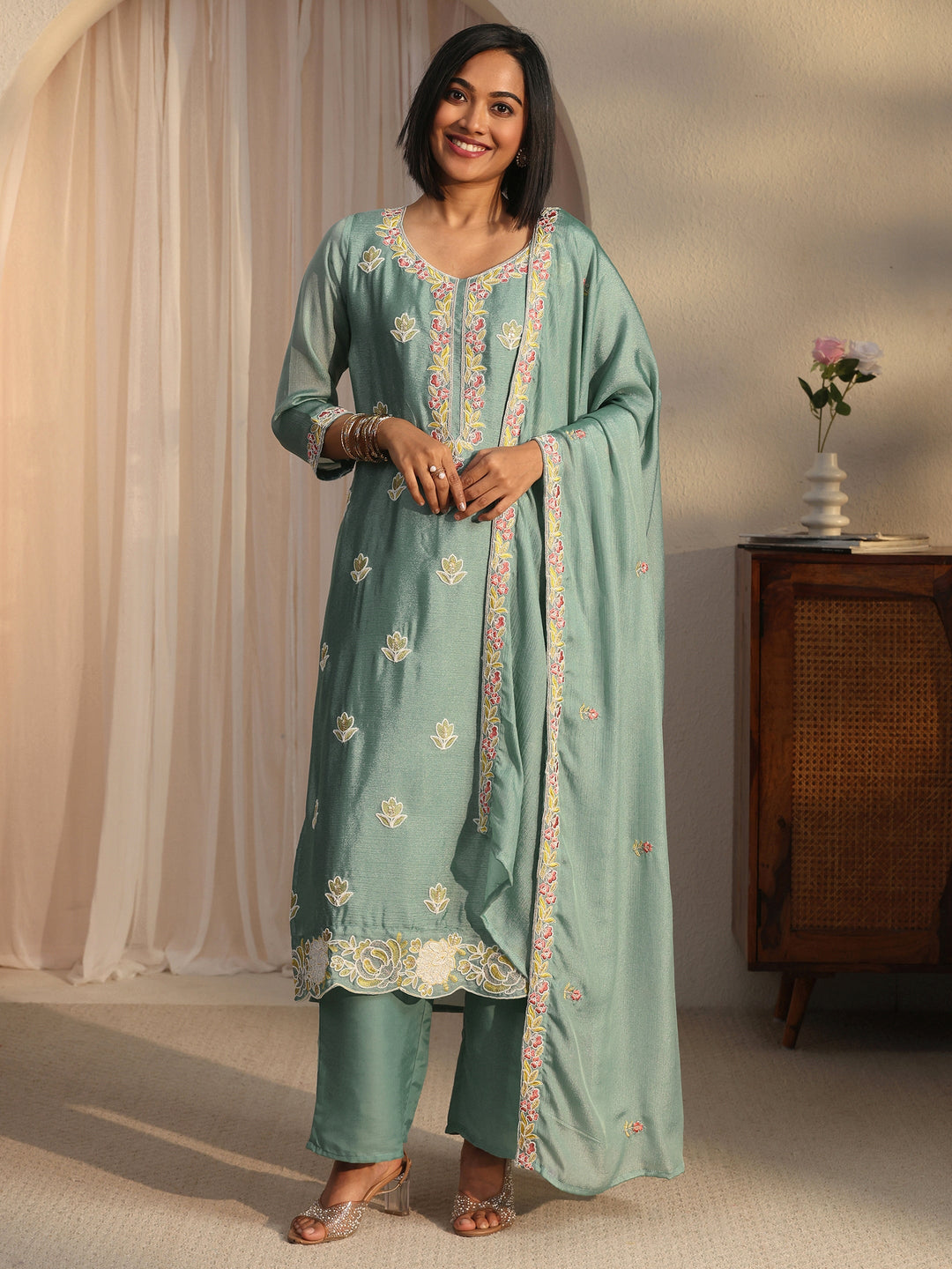  Libas Blue Floral Embroidered Silk Blend Straight Suit Set 