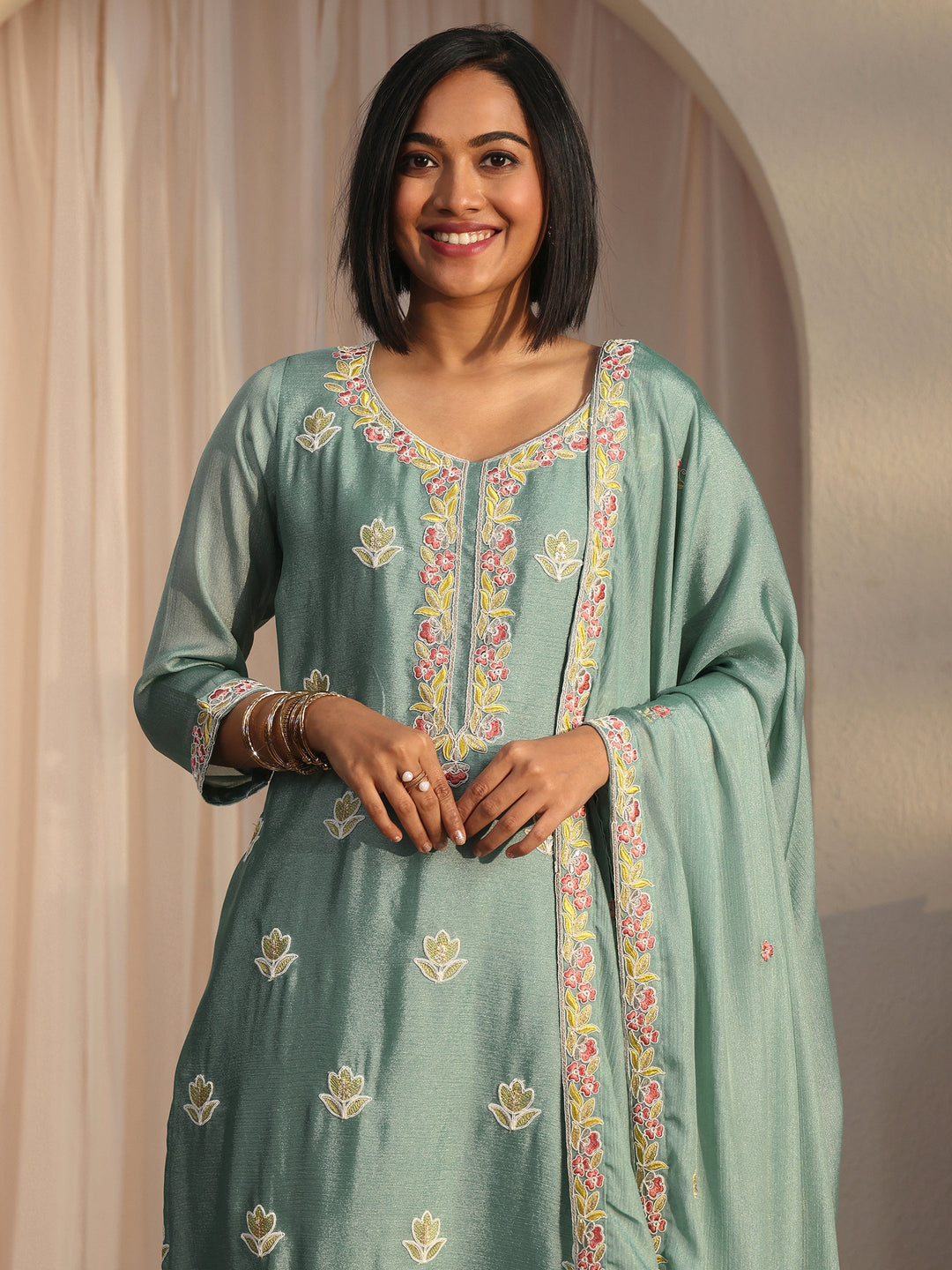  Libas Blue Floral Embroidered Silk Blend Straight Suit Set 