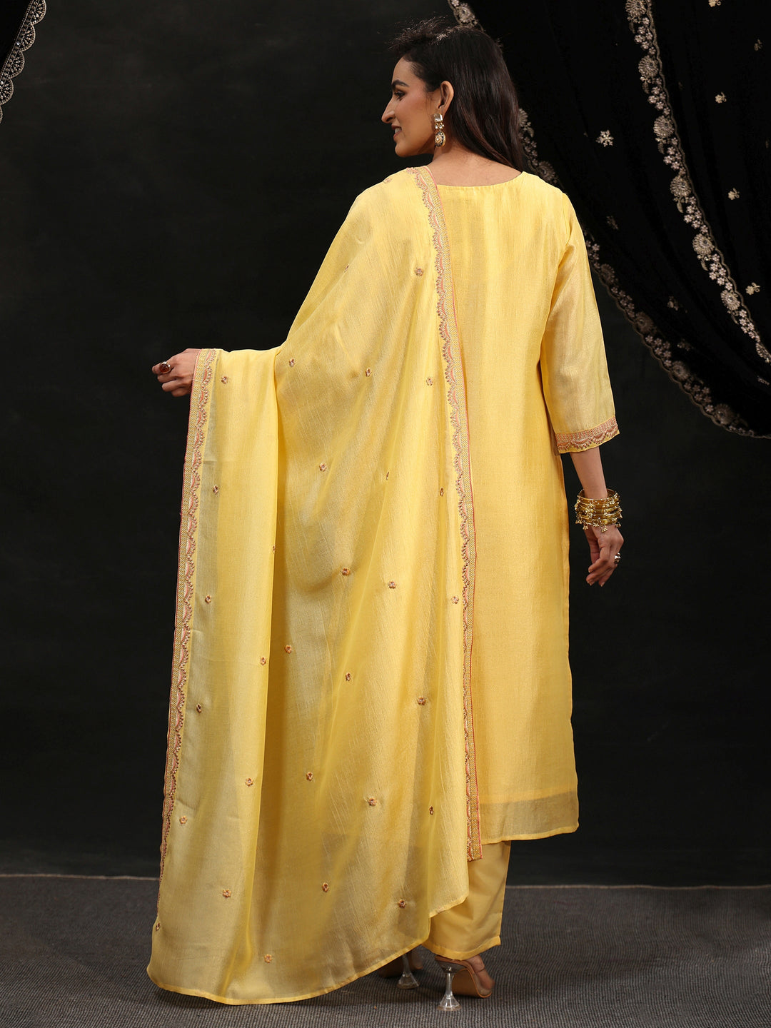  Libas Butter Yellow Floral Embroidered Silk Blend Straight Suit Set 