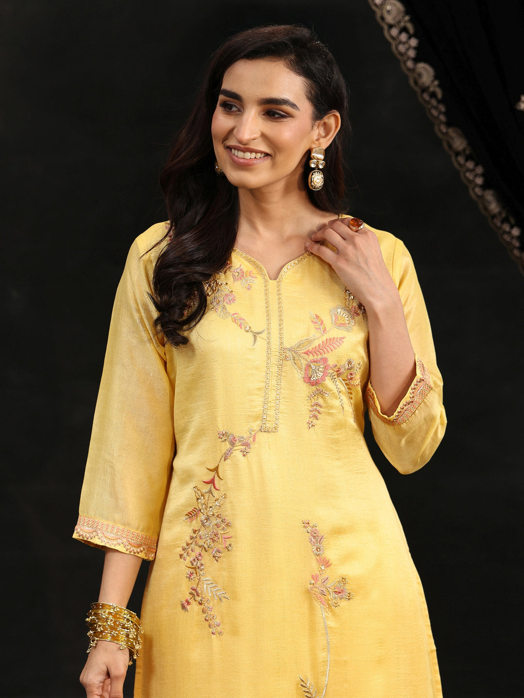  Libas Butter Yellow Floral Embroidered Silk Blend Straight Suit Set 
