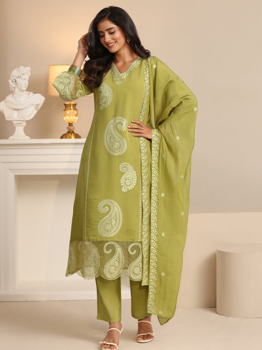  Libas Olive Green Paisley Embroidered Chanderi Cotton Straight Suit Set 