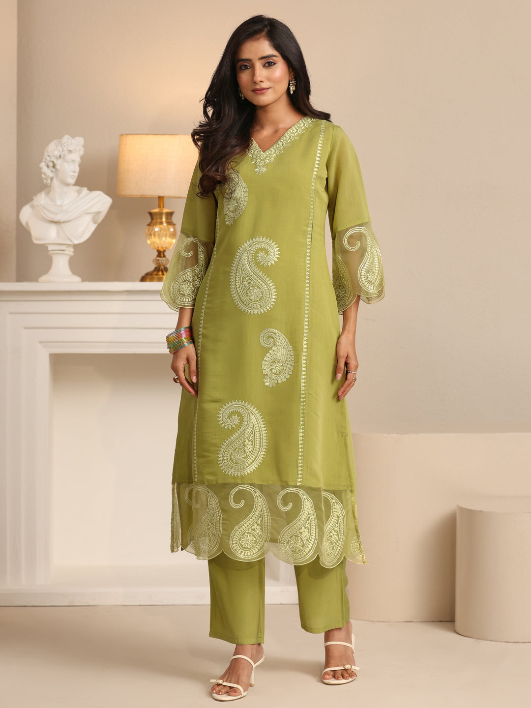  Libas Olive Green Paisley Embroidered Chanderi Cotton Straight Suit Set 