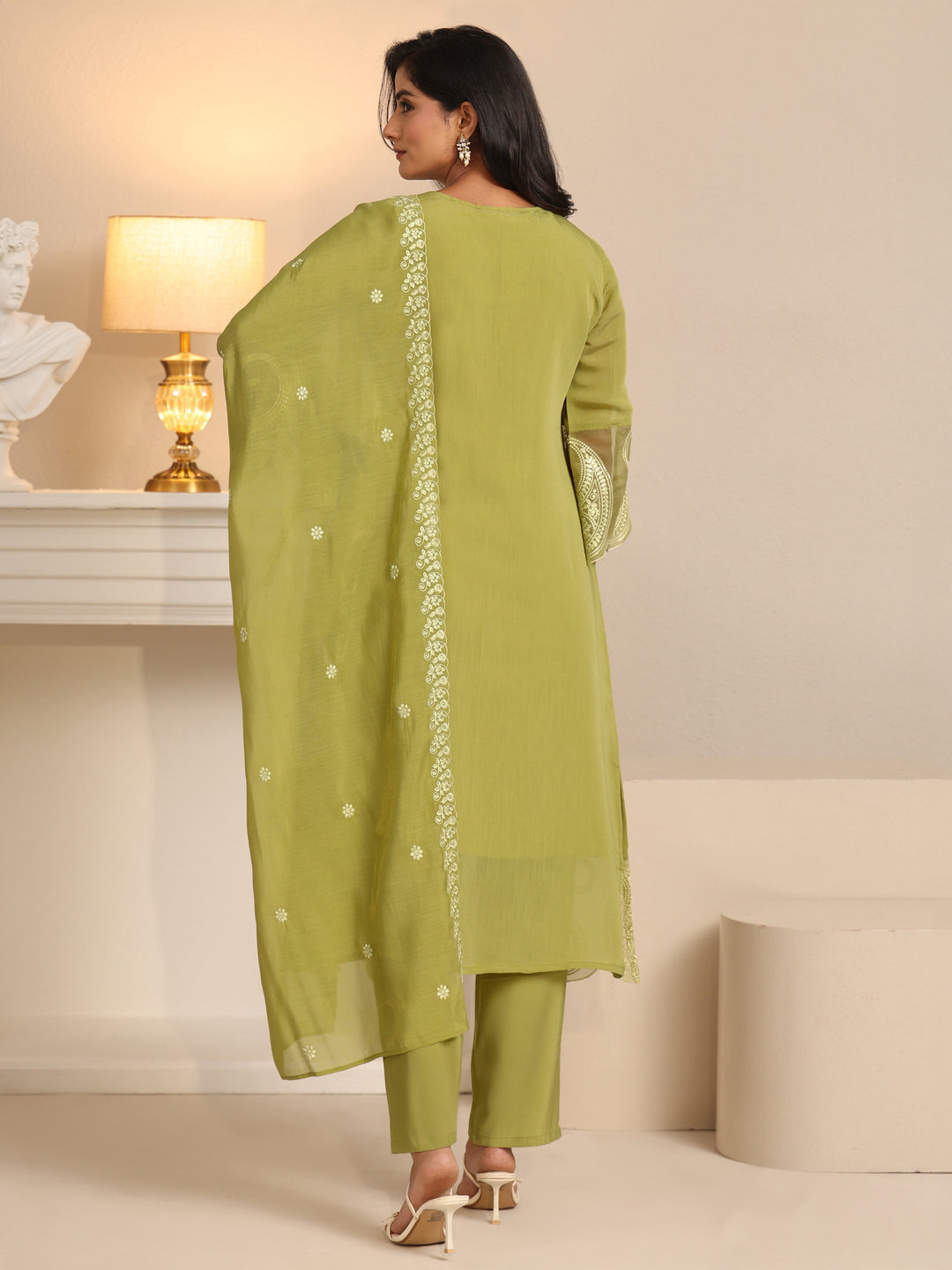  Libas Olive Green Paisley Embroidered Chanderi Cotton Straight Suit Set 
