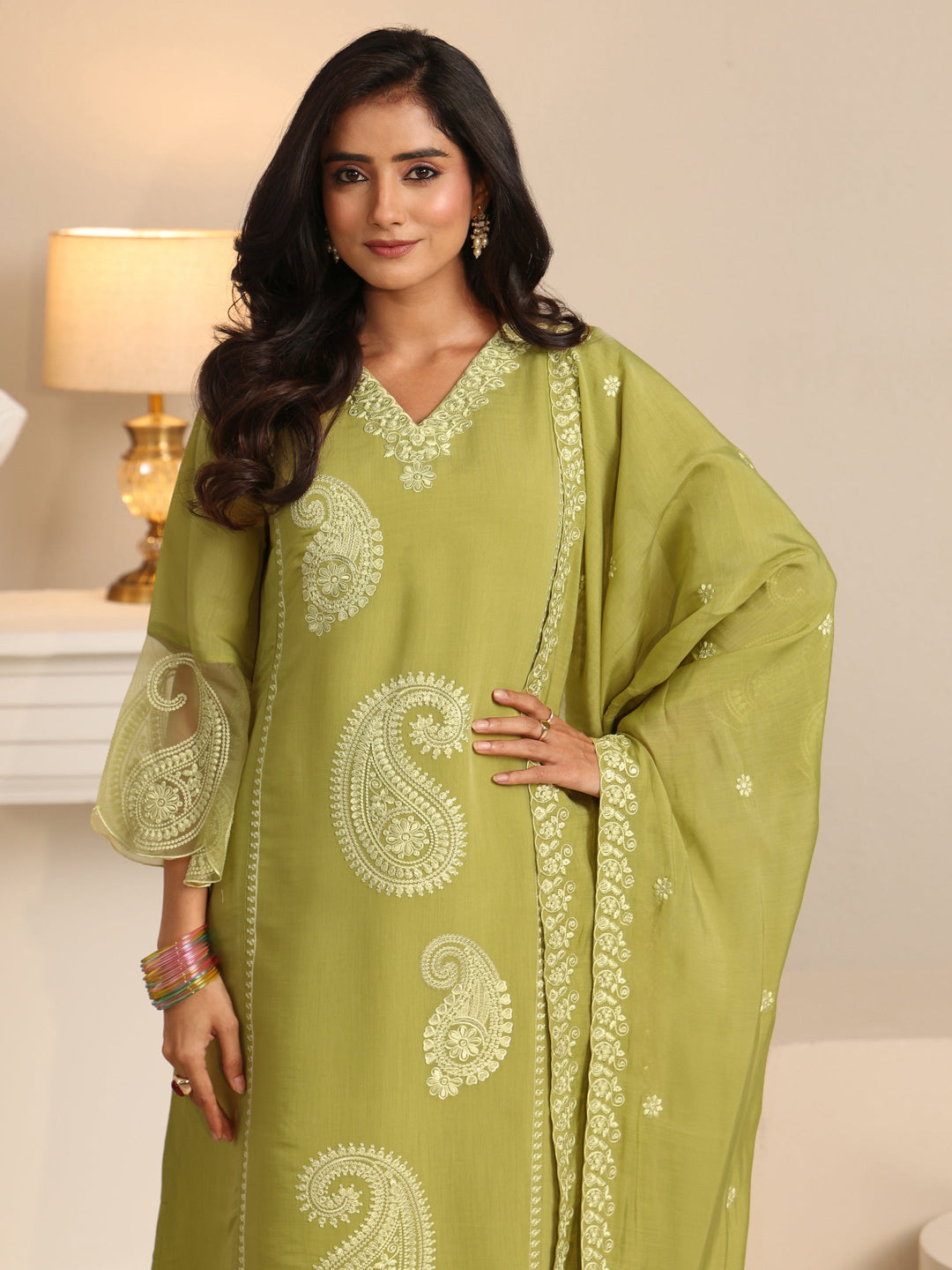  Libas Olive Green Paisley Embroidered Chanderi Cotton Straight Suit Set 