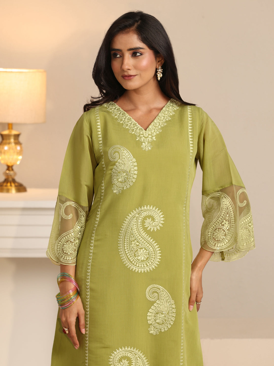  Libas Olive Green Paisley Embroidered Chanderi Cotton Straight Suit Set 
