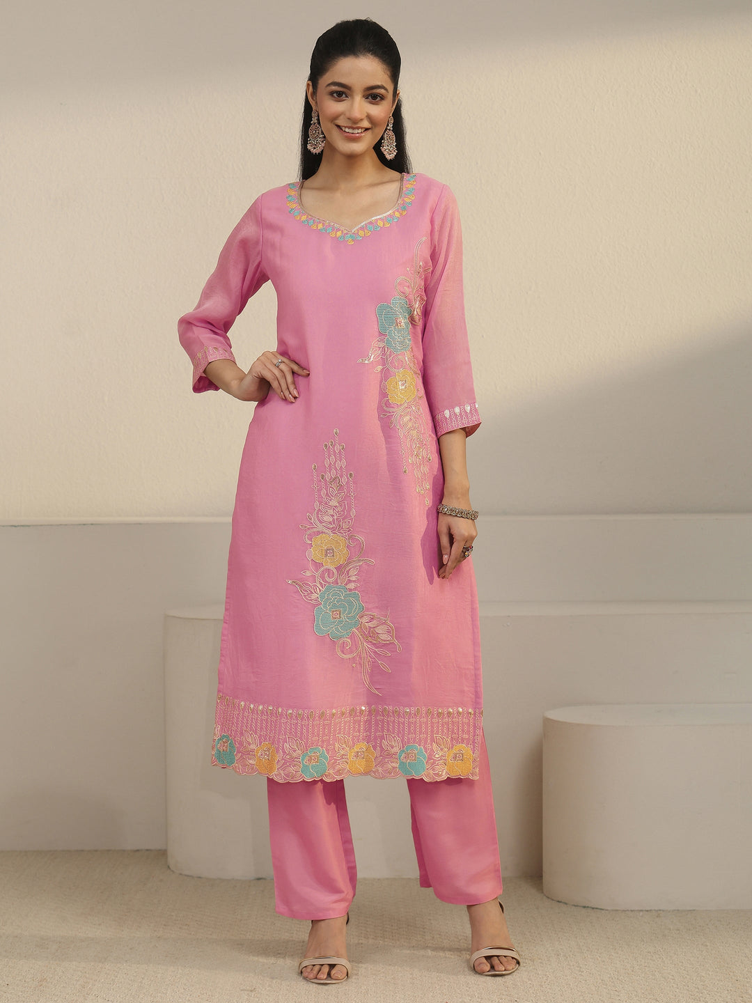  Libas Pink Floral Embroidered Silk Blend Straight Suit Set 