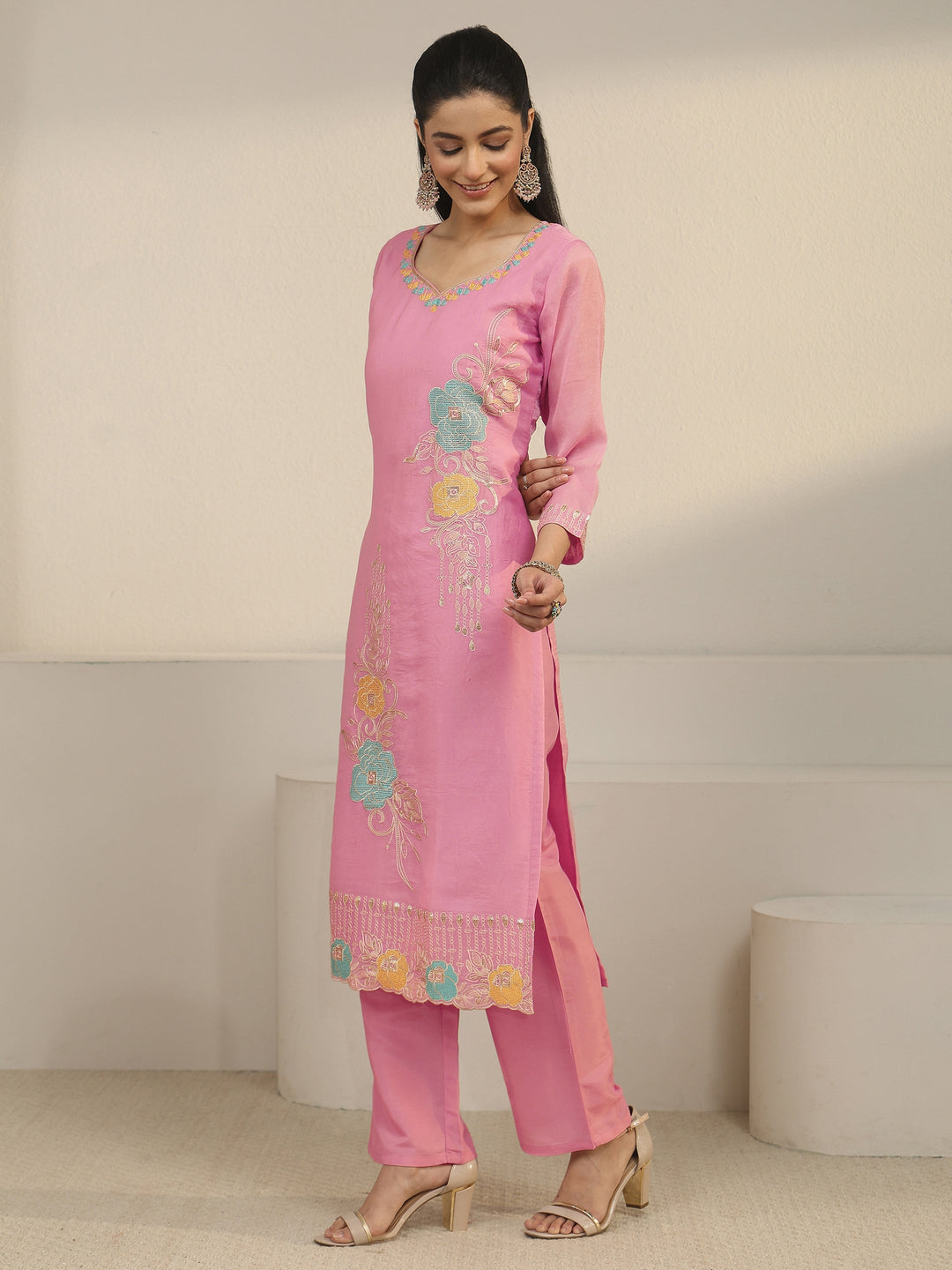  Libas Pink Floral Embroidered Silk Blend Straight Suit Set 