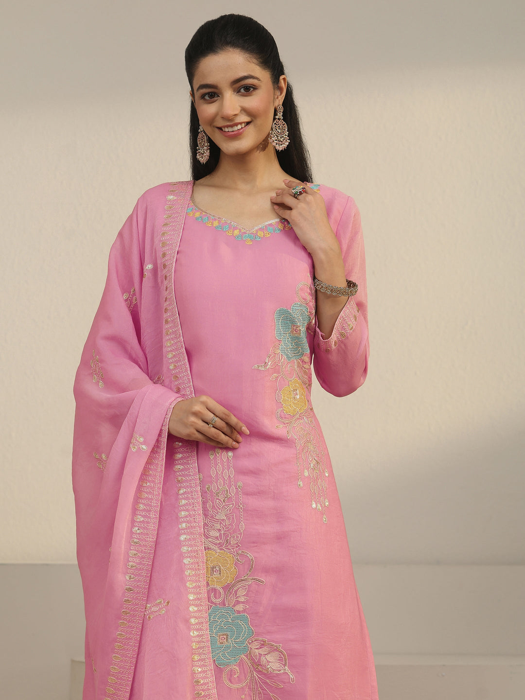  Libas Pink Floral Embroidered Silk Blend Straight Suit Set 