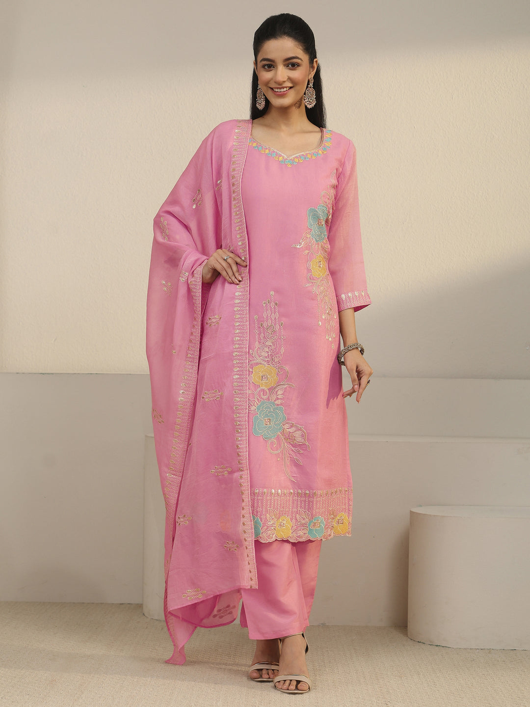  Libas Pink Floral Embroidered Silk Blend Straight Suit Set 