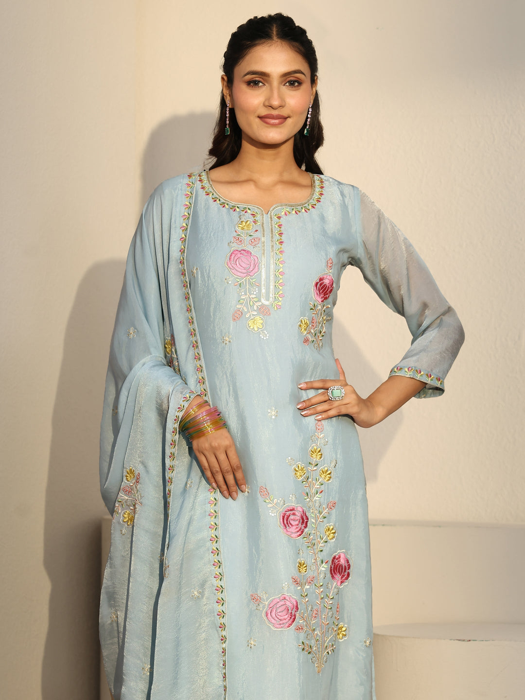  Libas Blue Floral Embroidered Silk Blend Straight Suit Set 
