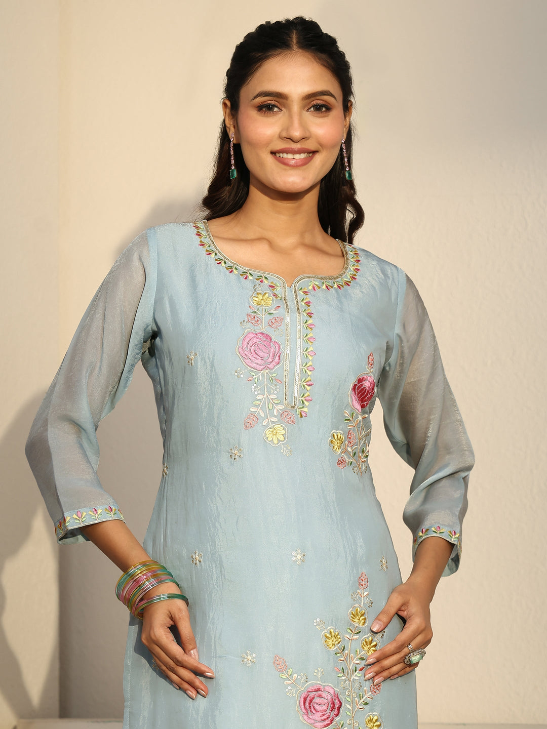  Libas Blue Floral Embroidered Silk Blend Straight Suit Set 