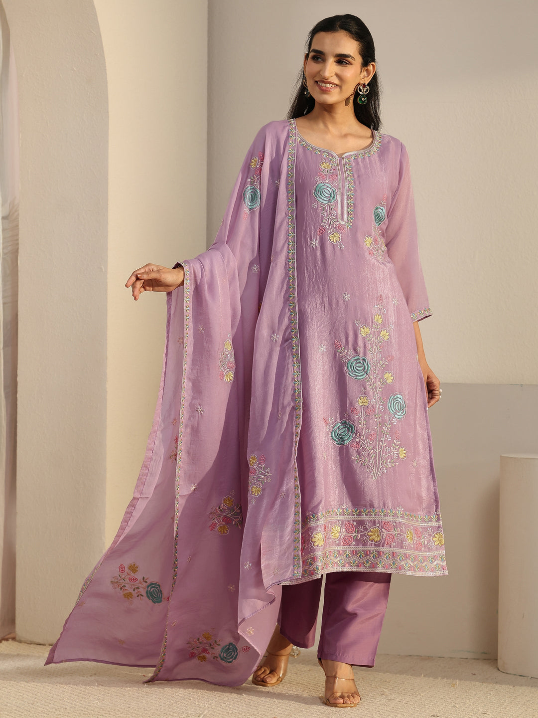  Libas Lavender Floral Embroidered Silk Blend Straight Suit Set 